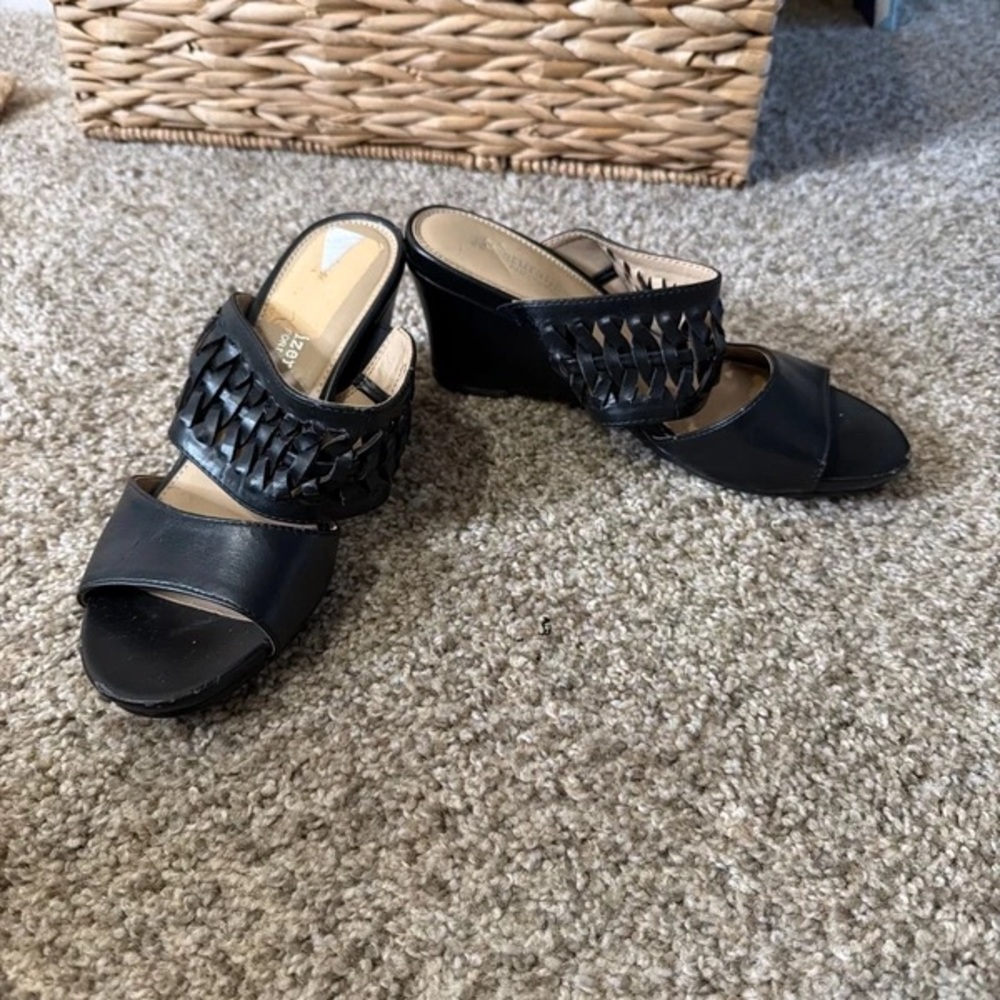 Black Woven Strap Slide Wedge Sandals